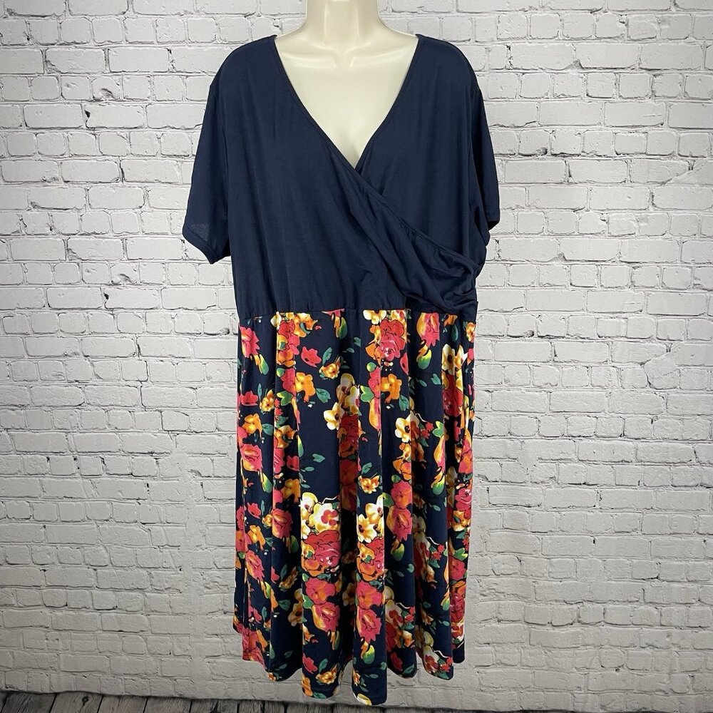 Nemidor Blue Floral Wrap Short Sleeve A Line Stretch Dress Pockets Size US 26